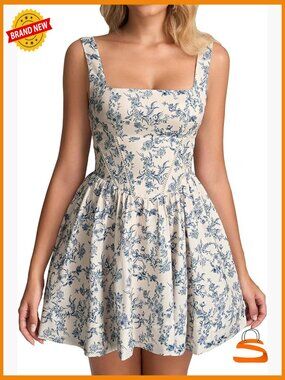 Floral Square Neck Mini Dress Flowy A Line Smocked Graduation Dress Sleeveless